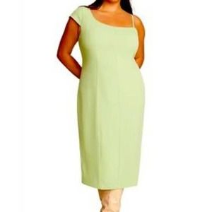 NEW 11 Honore Solange Midi Dress 16 Green One Shoulder Shift Woven Square Neck
